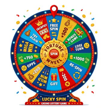 Fortune wheel with sectors. Lucky spin roulette for casino lottery game. Fortuna circle  gambling machine for lotto prize  jackpot win. Flat vector illustration isolated on white background