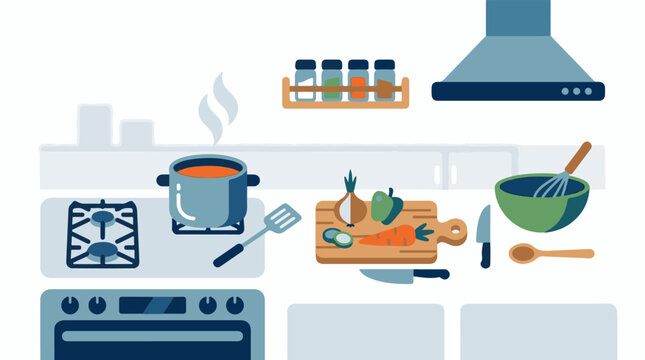 A kitchen scene with cooking utensils and food preparation