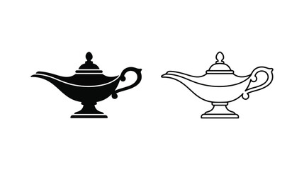 Fototapeta premium Magic Aladdin lamp vector icons, ancient oil lamp silhouette and line art set, mystical Arabian night genie lamp illustrations isolated PNG with Transparent Background