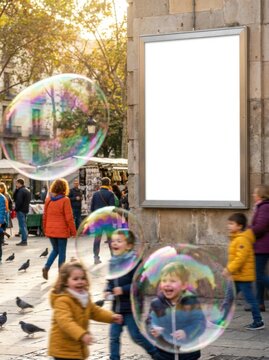 An empty white board in a silver frame hangs on an old stone wall in a lively public square. Joyful children run around chasing giant iridescent soap bubbles on a sunny day.