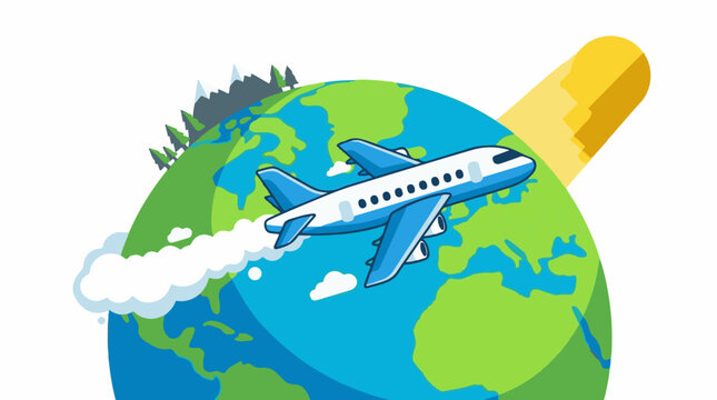 A cartoon airplane flying around the Earth with a yellow object