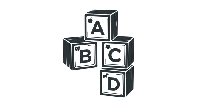 Alphabet blocks with animal illustrations black silhouette letters abc abcd