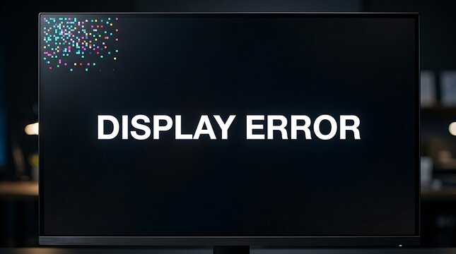 Display error message on a black computer screen monitor with digital technical glitch