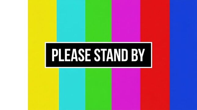Please stand by sign with colorful vertical bars on a classic television test pattern