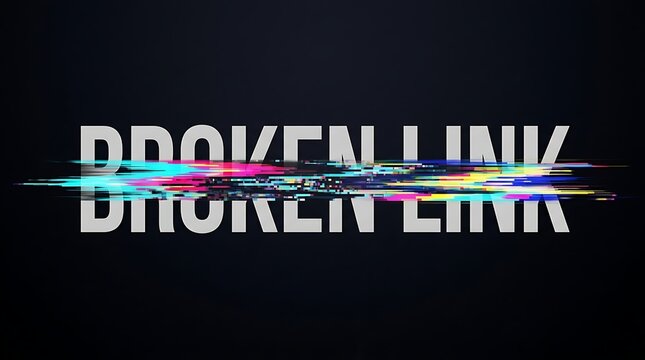 Broken link text design with colorful glitch effect and distorted lines on black