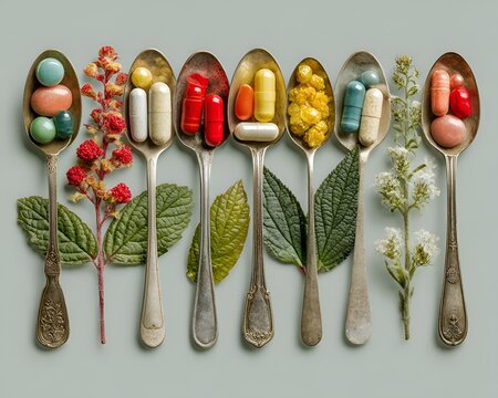 Seven vintage spoons filled with colorful pills and natural botanical elements, representing a blend of traditional and modern approaches to health and wellness