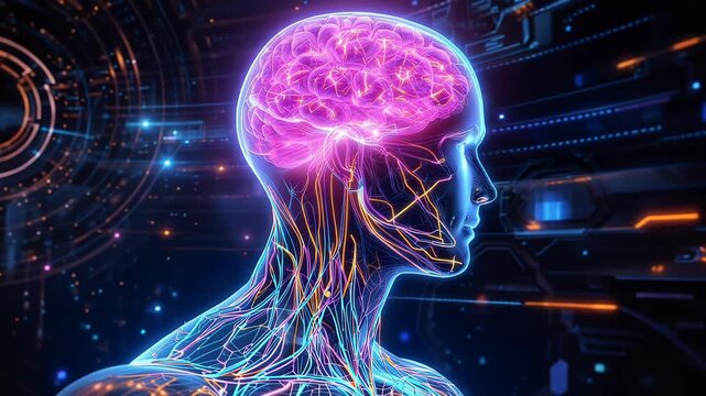 Futuristic neon human anatomy visualization featuring an illuminated brain and vibrant neural network across head and torso, blending biodigital circuitry and cognitive connectivity