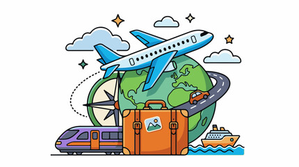 Obraz premium Colorful illustration of airplane, globe, and travel vehicles