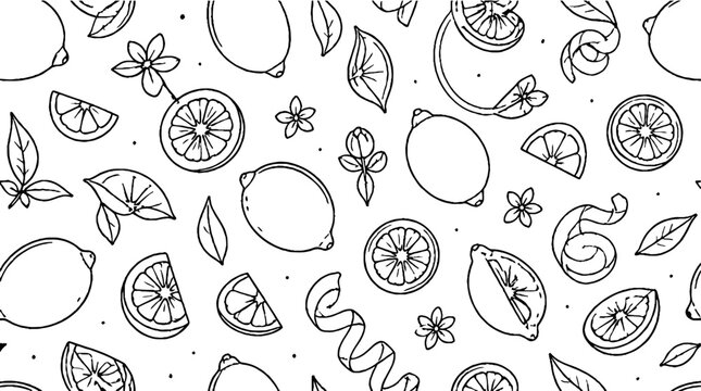 Hand drawn citrus fruits and leaves pattern design.