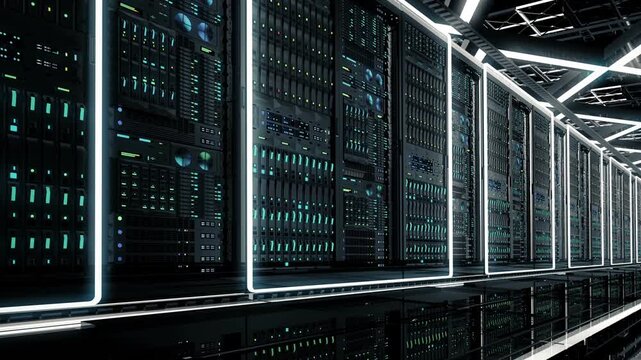 3D render animation of data center server room racks with camera slowly moving forward along corridor. Seamless looping video of futuristic supercomputer mainframe with neon frames