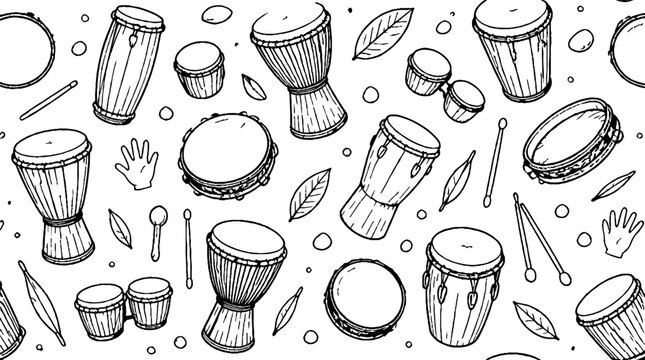 Assorted African drums and percussion instruments illustration.