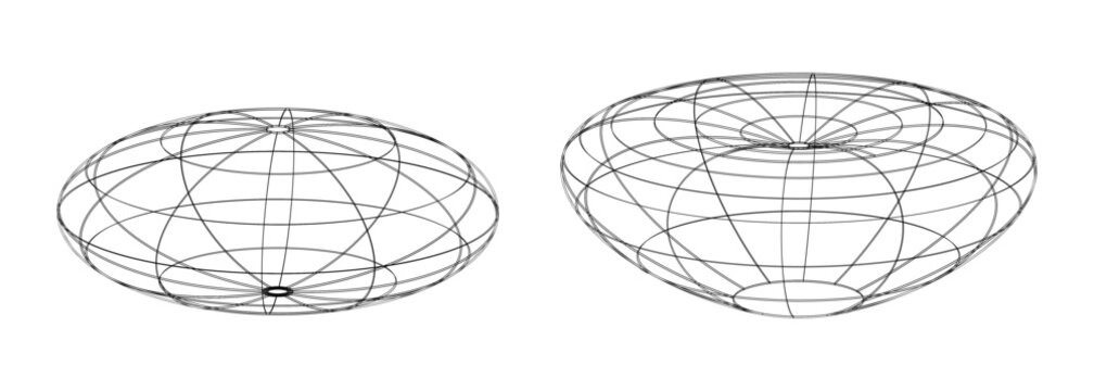 3D wireframe sphere and deformed spheroid with concave indentation, abstract geometric illustration for mathematics, physics, and design visualization, y2k style