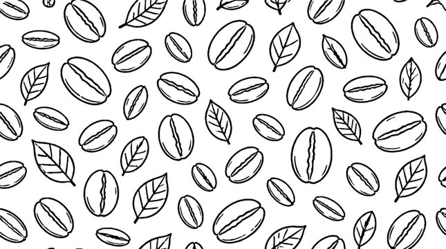 Black and white coffee beans and leaves pattern.