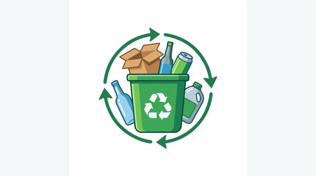 A green recycling bin with a white recycling symbol surrounded by various recyclable materials and a circular arrow