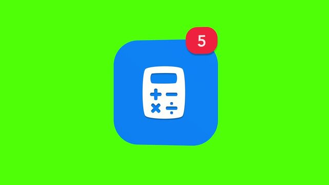 A 3D classic electronic calculator office mathematics accounting budget tool notification icon popping up and rotating on a green screen chroma key background with a red number counter animation.