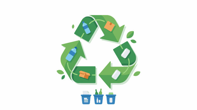 A green recycling symbol with items and bins