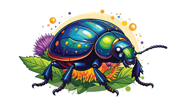 Colorful shiny beetle on leaf side.