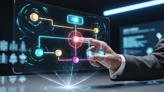Hand interacting with futuristic digital interface