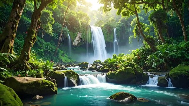 Lush tropical waterfall cascading into a turquoise river within a dense green jungle
