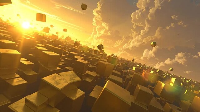Golden geometric cubes floating in a surreal sunset sky with dramatic clouds