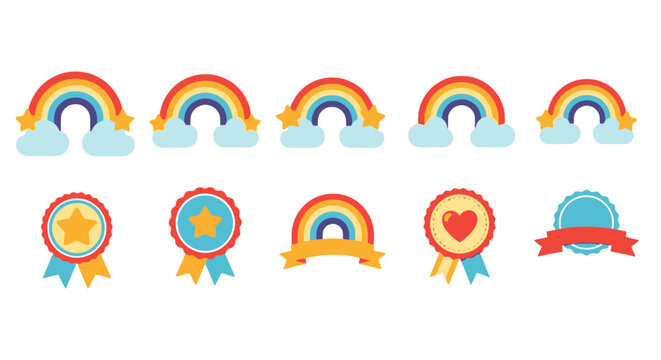 Collection of colorful rainbow stickers and reward badges for kids
