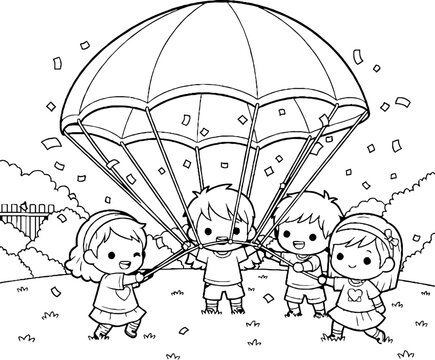 Children playing together under large parachute outdoors.