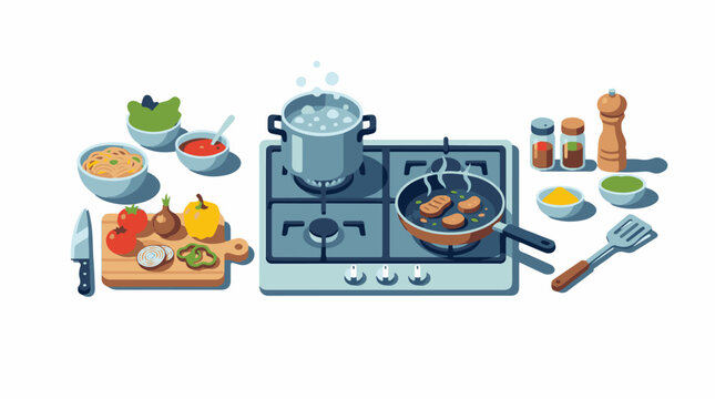 A kitchen scene with a stove pot pan and various food items