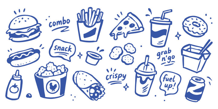 Fast Food Set Minimal Doodle Vector Illustration