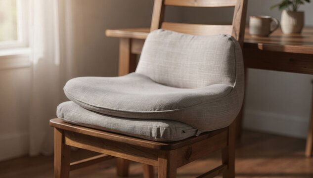 Medium shot of a memory foam kitchen chair cushion on a wooden chair highlighting ergonomic comfort and subtle fabric patterns in a cozy dining area.