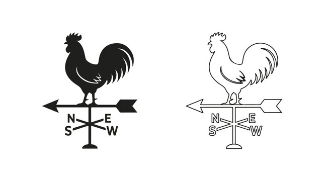 Vintage rooster weather vane vector icons, rustic farmhouse wind direction indicator set, black silhouette and outline cockerel weathercock