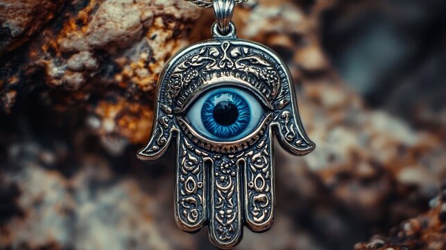 Stylish silver hamsa hand charm with a protective blue evil eye.