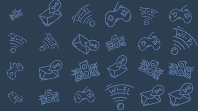 Hand-drawn icons float on transparent background. Icons represent Wi-Fi, gaming, and communication tools. Style is simple, sketchy, and modern. Use for tech, digital, or communication themes