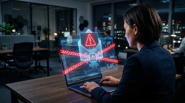 Cybersecurity Specialist Tracking Phishing Email Attack and System Threat Hologram on Laptop at Night