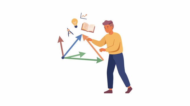 A man holds an orange arrow pointing to a graph with thought and learning symbols