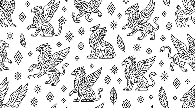 Intricate griffin and mythical creature pattern design.