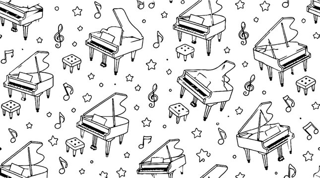 Black and white piano and music notes pattern design.