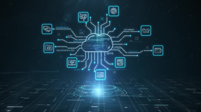 Floating cloud connects digital icons with glowing blue lines. Abstract tech scene shows data flowing through futuristic networks. Blue light pulses beneath a central cloud structure