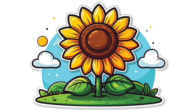 Colorful Sunflower Illustration with Green Leaves.