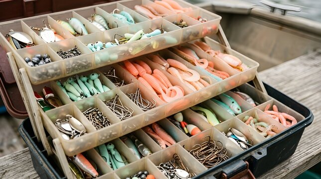 Open fishing tackle box filled with organized lures, hooks, and sinkers in tiered compartments