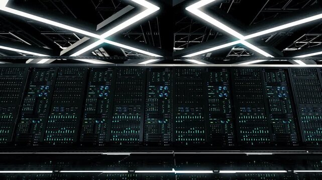 3d render animation of data center server room racks with camera slowly moving right seamless looping footage of a futuristic supercomputer mainframe cloud computing and sci fi internet infrastructure