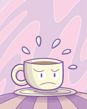 Sad Cup of coffee cartoon character with purple background 