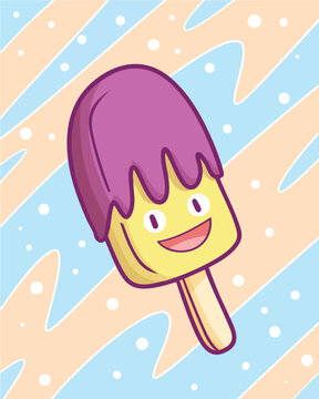 Funny purple yellow popsicle ice cream cartoon character with light blue orange background 