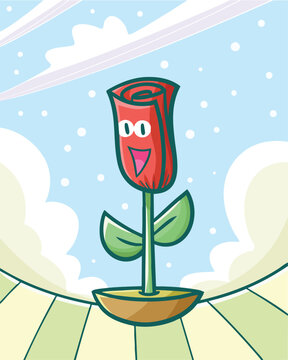 Funny red rose cartoon character with clouds background 