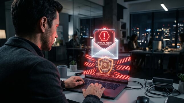 Cybersecurity Engineer Responding to Critical Security Breach Alert and System Restricted Hologram