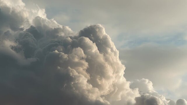 Towering cumulus billows carve dramatic light and shadow across the sky, a powerful pre storm formation suggesting weather change and atmospheric drama over tranquil landscape space