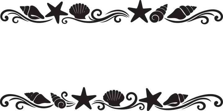 Black sea border with starfish and seashells on white