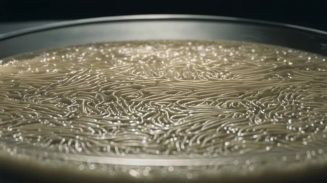 Microorganisms growing and moving in a scientific experiment, creating intricate biological patterns within a laboratory setting, simulating bacterial colony formation