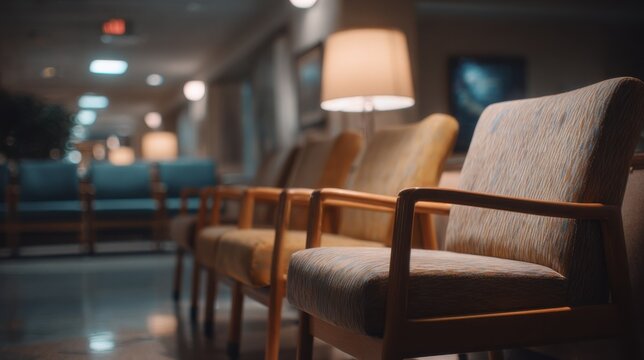 Medium shot of comfortable chairs in an outpatient surgery waiting area softly illuminated by subdued lighting with blurred family seating clusters in the background.