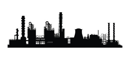 Fototapeta premium Factory silhouette stands against a plain white background to represent industrial manufacturing and production facilities in a clean graphic style.