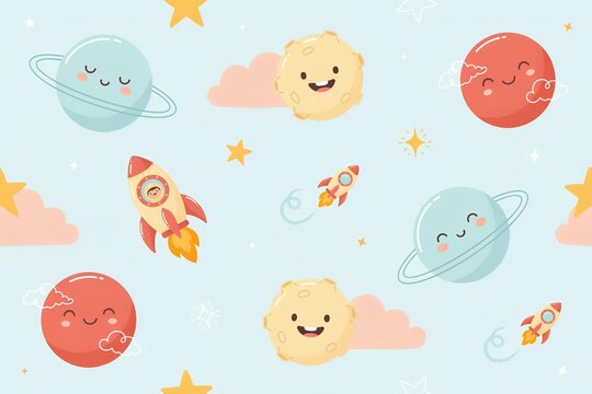Seamless pattern featuring cute cartoon planets, smiling stars, and space rockets on a soft light blue background, for kids nursery wallpaper
